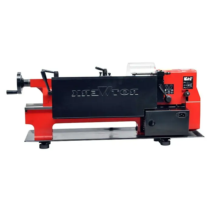 Rotwerk Drehmaschine EDM 300 DS - 250 W, Max. Werkstücklänge: 300 mm - Drehmaschine mit roter Basis und schwarzer Abdeckung mit dem Namen Bolzwerk, geeignet zum Bearbeiten von Werkstücken.