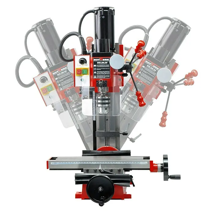 Rotwerk Bohr- & Fräsmaschine EFM 200DS - 350 W, 150 U/min - 2.500 U/min, Spannweite Bohrfutter: 1 mm - 13 mm, Größe Arbeitstisch: 390 x 95 mm - Bild einer Rotwerk EFM 200 DS Fräsmaschine. Die Fräsmaschine ist rot und schwarz. Sie ist mit einem Kreuztisch ausgestattet und für Präzisionsarbeiten geeignet.