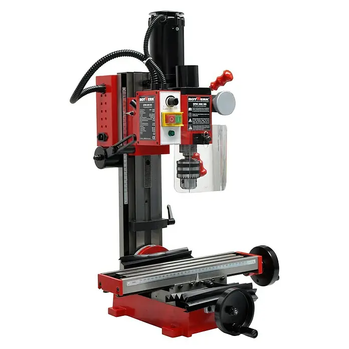 Rotwerk Bohr- & Fräsmaschine EFM 200DS - 350 W, 150 U/min - 2.500 U/min, Spannweite Bohrfutter: 1 mm - 13 mm, Größe Arbeitstisch: 390 x 95 mm - Das Bild zeigt eine Rotwerk SPM 200 DS Bohrmaschine, die für Präzisionsarbeiten konzipiert ist. Ideal für Modellbauer und Werkstätten.