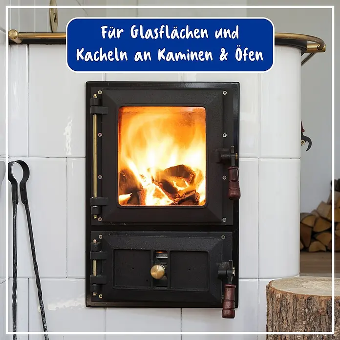 Poliboy Kamin- & Ofenglasreiniger - 500 ml, Flasche mit Sprühkopf - Ein Kaminofen mit Glasflächen und Kacheln, der eine gemütliche und warme Atmosphäre erzeugt.