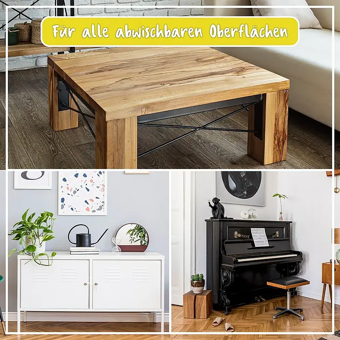Poliboy Feuchttücher Möbel - 24 Stk. - Das Bild zeigt einen quadratischen Couchtisch aus Holz mit schwarzem Metallgestell und ein weißes Sideboard.