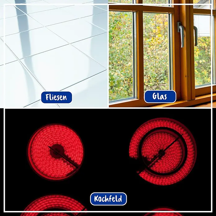 Poliboy Schaber Glaskeramik - Material: Stahl - Das Bild zeigt Fliesen, Fensterglas und ein Kochfeld. Diese Elemente sind klar dargestellt und beschriftet.