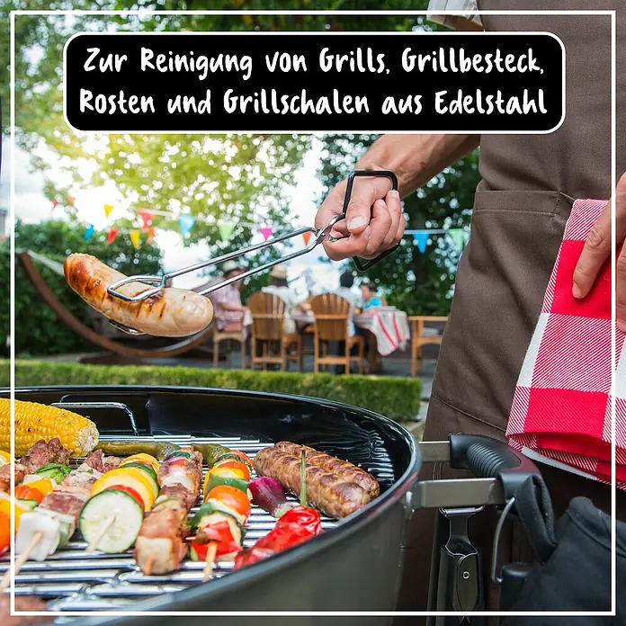Poliboy Grillreiniger - 500 ml, Flasche mit Sprühkopf - Bild von einem Grill mit Grillgut und dem Text: Zur Reinigung von Grills, Grillbesteck, Rosten und Grillschalen aus Edelstahl.