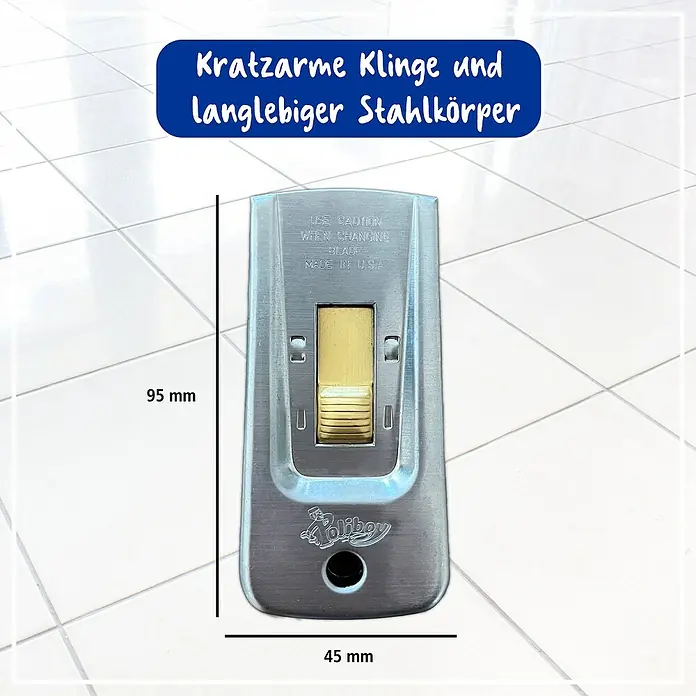Poliboy Schaber Glaskeramik - Material: Stahl - Produktbild eines Poliboy Schabers mit den Maßen 95 mm Höhe und 45 mm Breite. Dieser Schaber hat eine kratzarme Klinge und einen robusten Stahlkörper.
