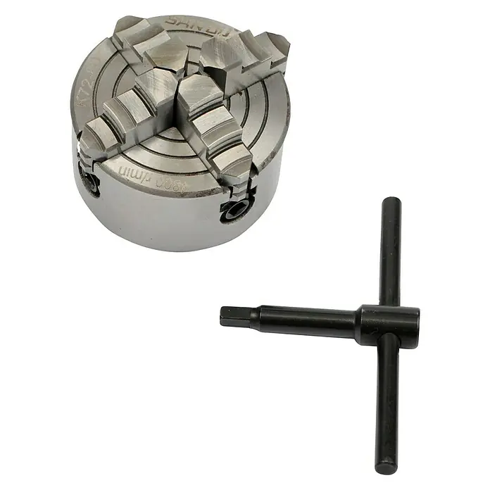 Rotwerk Planscheibe - Passend für: Rotwerk Drehmaschinen EDM 300 DS/350 DR - Ein Vierbacken-Drehfutter und ein dazugehöriger Schraubenschlüssel. Zum sicheren Spannen von Werkstücken bei Drehbearbeitungen.