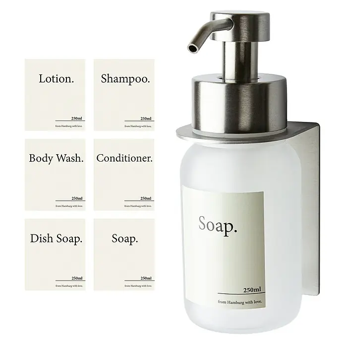 Designfabrik Hamburg Seifenspender - Edelstahl, Silber/Satiniertes Glas, Wandmontage - Seifenspender-Set: Lotion, Shampoo, Duschgel, Spülmittel und Seife mit Wandhalterung für stilvolle Badezimmer- und Küchenorganisation.