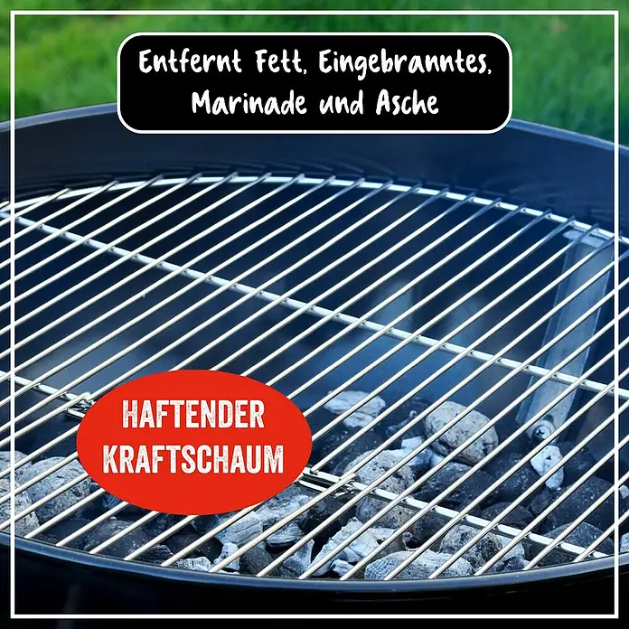 Poliboy Grillreiniger - 500 ml, Flasche mit Sprühkopf - Nahaufnahme eines Grills mit dem Text "Entfernt Fett, Eingebranntes, Marinade und Asche" und einem roten Kreis mit "HAFTENDER KRAFTSCHAUM".