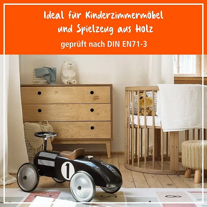 Poliboy Möbel-Öl - 200 ml - Kinderzimmer mit Holzmöbeln und Spielzeug, geprüft nach DIN EN71-3. Eine Kommode, ein Kinderbett und ein schwarzes Spielzeugauto sind abgebildet.