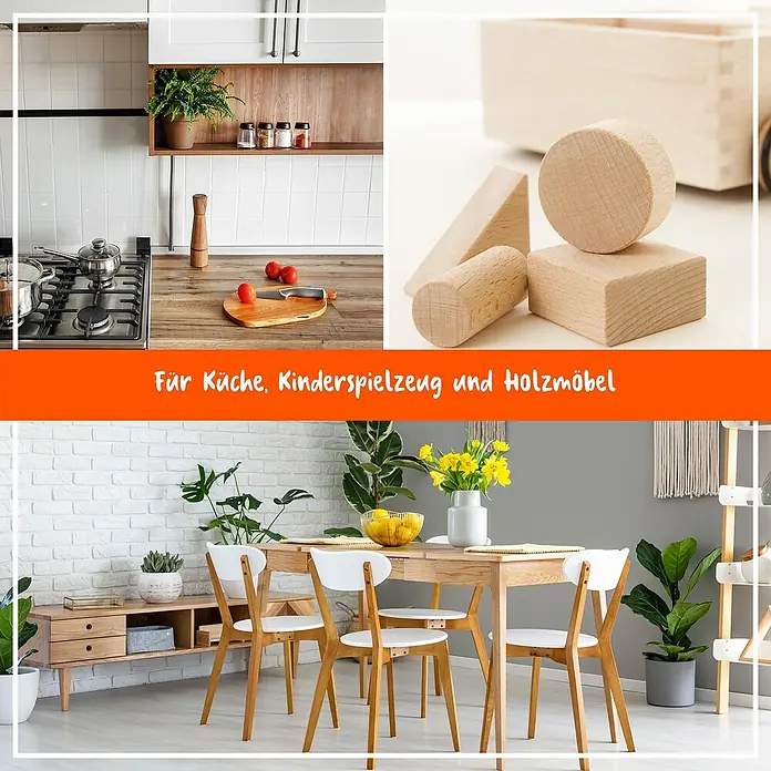 Poliboy Möbel-Öl - 200 ml - Holzküchenutensilien, Spielzeug & Möbel. Das Bild zeigt eine Küche, Spielzeuge und eine Essecke mit Holzmöbeln.
