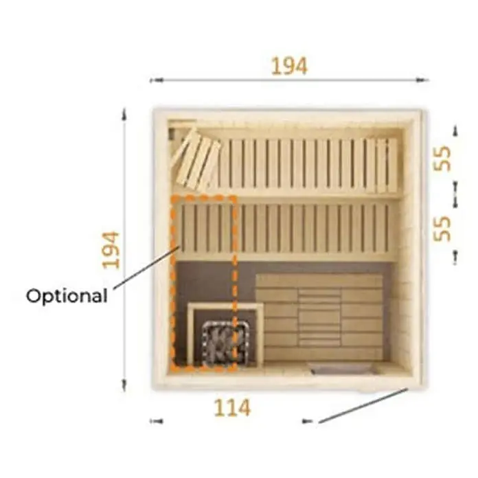 FinnTherm Massivholzsauna Cenik - L x B x H: 194 x 194 x 199 cm - Bild einer Sauna mit den Maßen 194x194 cm, optionaler Ofen und Bänken in zwei Ebenen für ein entspannendes Saunaerlebnis.
