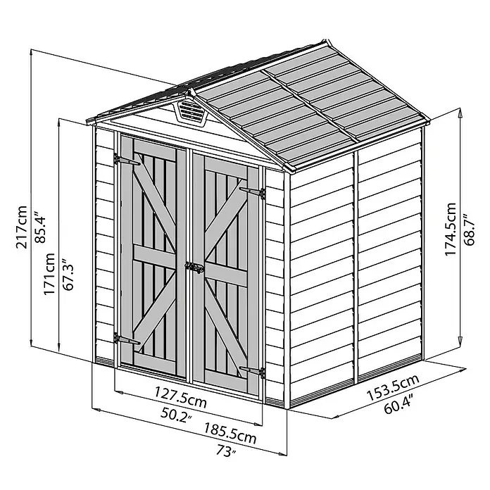 Palram – Canopia Gerätehaus Skylight 6x5 Tan - Außenmaß inkl. Dachüberstand (B x T): 185 x 154 cm, Kunststoff, Beige/Braun - Abbildung eines Gartenschuppens mit Größenangaben. Der Schuppen hat Doppeltüren und ein Satteldach und bietet ausreichend Stauraum.