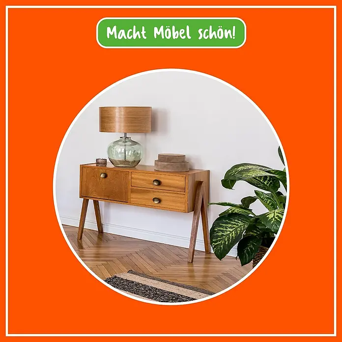 Poliboy Möbelpolitur - Hell, 100 ml - Elegante Kommode mit Lampe und Pflanze, die das Motto "Macht Möbel schön!" perfekt verkörpern. Das Möbelstück ist ein echter Hingucker.