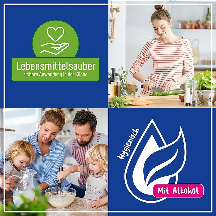 Poliboy Feuchttücher Küche XXL - 24 Stk. - Bild zeigt eine Collage mit Fokus auf hygienische Reinigungsprodukte für Lebensmittelbereiche und Küchen mit Alkohol.