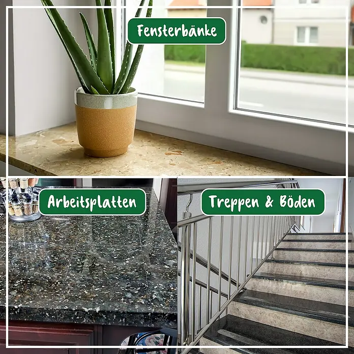 Poliboy Pflegemittel Marmor Granit Pflege - 500 ml, Flasche - Das Bild zeigt einen Querschnitt verschiedener Anwendungen von Natursteinprodukten wie Fensterbänke, Arbeitsplatten und Treppen.