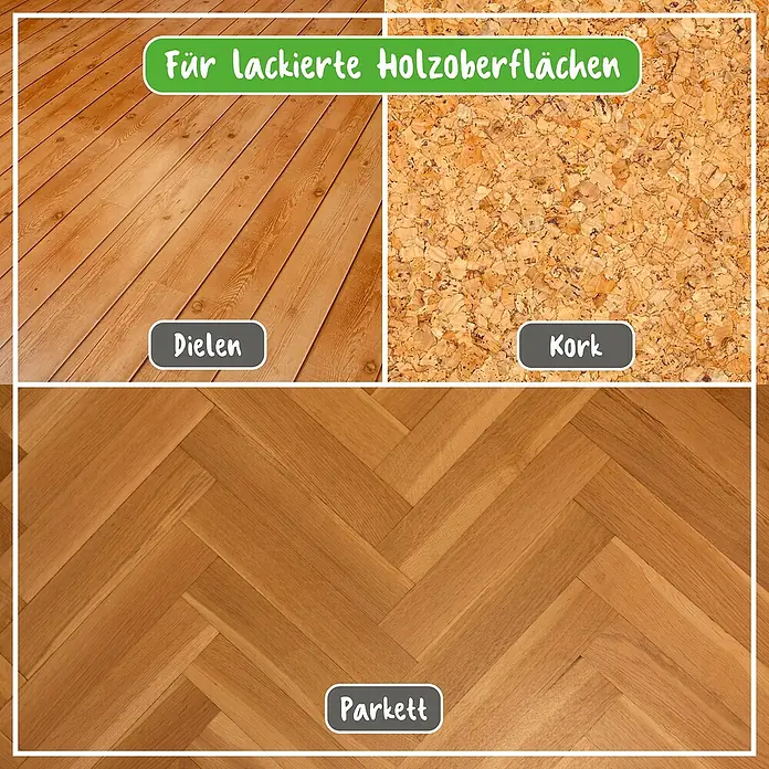 Poliboy Reinigungsmittel Parkett Renovierer - Seidenmatt-Effekt, Flasche, 500 ml - Abbildung verschiedener lackierter Holzoberflächen: Dielen, Kork und Parkett. Geeignet für die Reinigung und Pflege.
