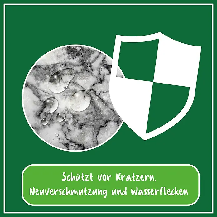 Poliboy Pflegemittel Marmor Granit Pflege - 500 ml, Flasche - Produktbild mit Schutzschild und Wassertropfen, das vor Kratzern und Wasserflecken schützt.