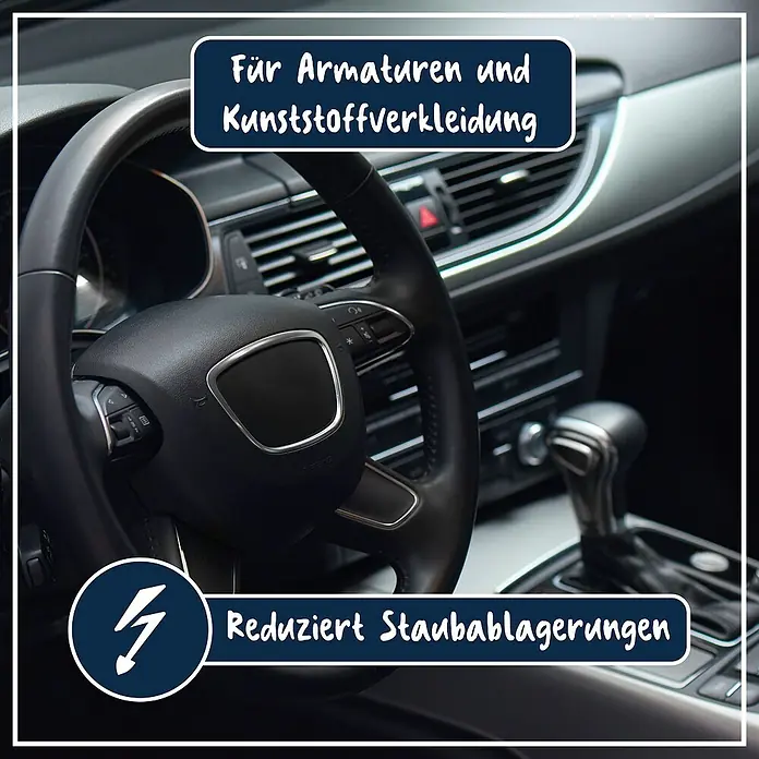 Poliboy Feuchttücher Auto - 20 Stk. - Produktbild eines Auto-Innenraums, das die Reinigungswirkung auf Armaturen und Kunststoffverkleidung hervorhebt, reduziert Staubablagerungen.