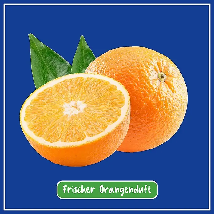 Poliboy Feuchttücher Küche XXL - 24 Stk. - Saftige Orange mit grünen Blättern, halbiert präsentiert, für eine frische und belebende Atmosphäre.