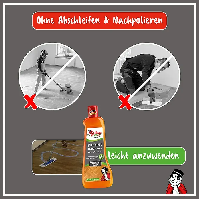 Poliboy Reinigungsmittel Parkett Renovierer - Seidenmatt-Effekt, Flasche, 500 ml - Bild einer Flasche Poliboy Parkett Renovierer, die eine einfache Anwendung zur Parkettpflege ohne Schleifen und Polieren verspricht.