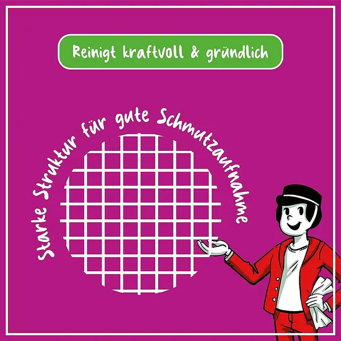 Poliboy Feuchttücher Fliesen - 15 Stk. - Die Abbildung zeigt ein Reinigungsprodukt mit starker Struktur für gute Schmutzaufnahme und dem Slogan "Reinigt kraftvoll & gründlich".