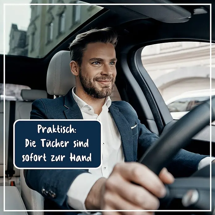 Poliboy Feuchttücher Auto - 20 Stk. - Elegante Lösung: Der Mann fährt Auto, wobei Reinigungstücher sofort griffbereit sind. Praktisch und stilvoll!