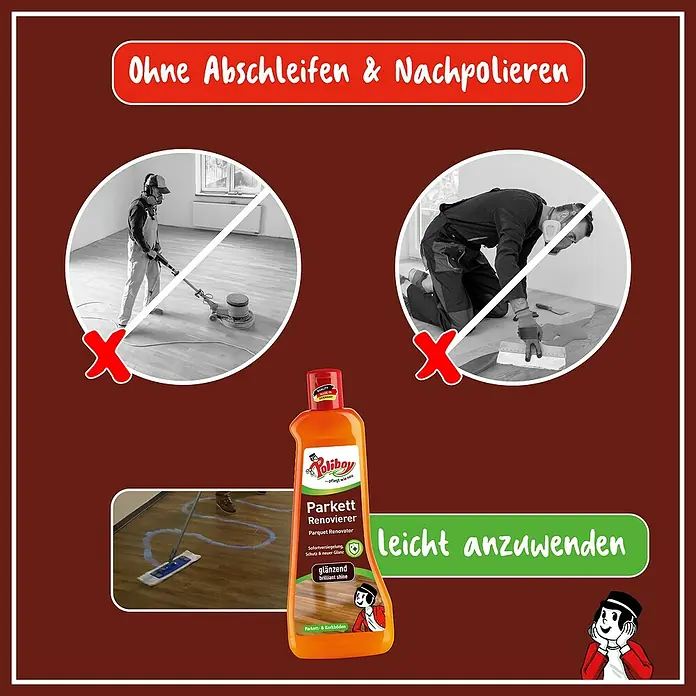 Poliboy Reinigungsmittel Parkett Renovierer - Glanz-Effekt, Flasche, 500 ml - Bild einer Poliboy Parkett Renovierer Flasche, die für eine einfache Anwendung ohne Schleifen und Polieren wirbt.