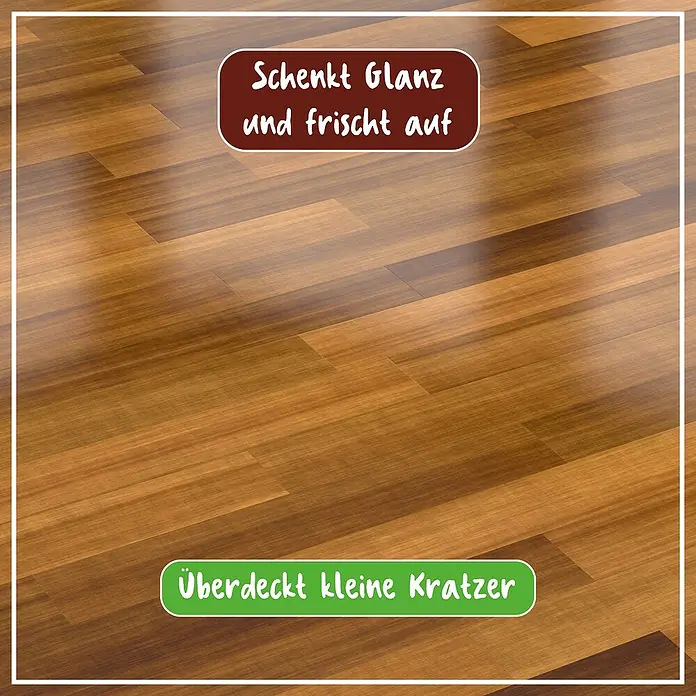 Poliboy Reinigungsmittel Parkett Renovierer - Glanz-Effekt, Flasche, 500 ml - Produktbild eines Laminatbodens. Verleiht Glanz und frischt auf. Überdeckt kleine Kratzer und sorgt für ein strahlendes Erscheinungsbild.