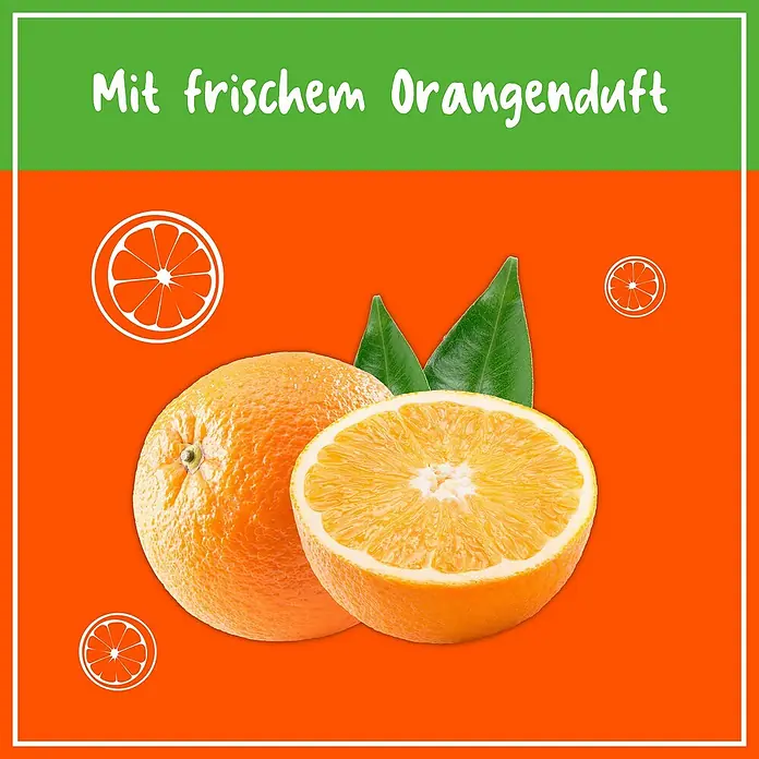 Poliboy Holzreiniger Möbel und Böden - 500 ml, Flasche - Bild von zwei Orangen, einer halben und einer ganzen, mit Blättern und dem Text "Mit frischem Orangenduft".