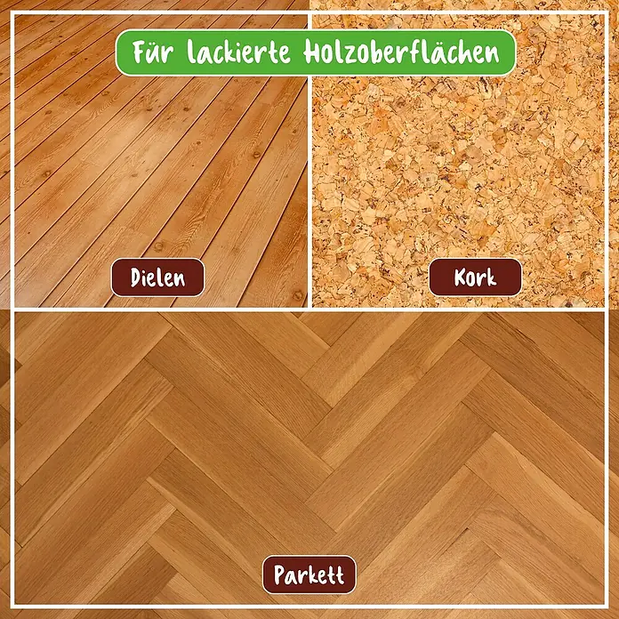 Poliboy Reinigungsmittel Parkett Renovierer - Glanz-Effekt, Flasche, 500 ml - Bild mit lackierten Holzoberflächen: Dielen, Kork und Parkett. Ideal für die Pflege und den Schutz verschiedener Holzarten.