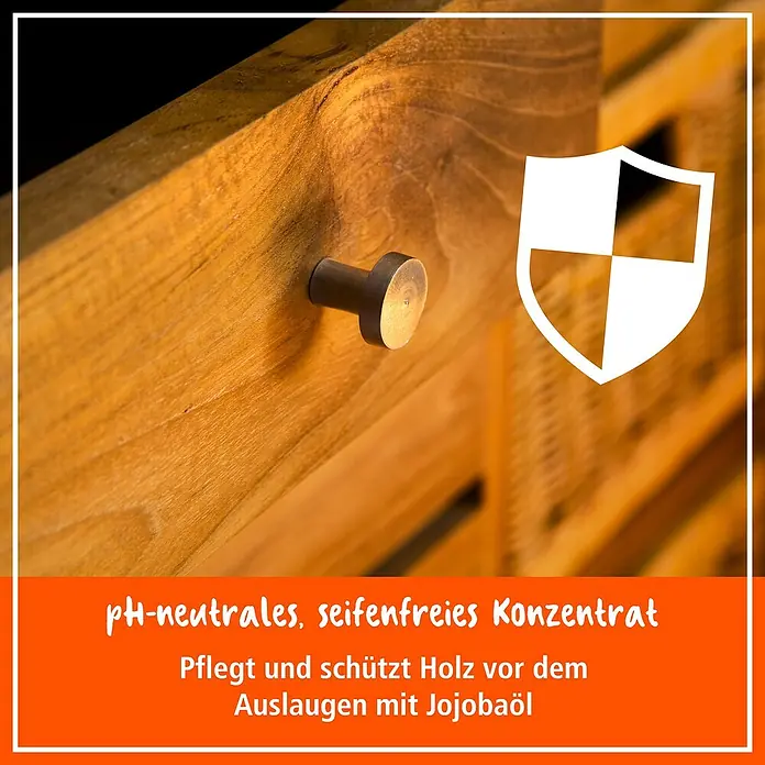 Poliboy Holzreiniger Möbel und Böden - 500 ml, Flasche - Produktbild, das ein Holzpflegekonzentrat mit Jojobaöl zeigt, das Holz pflegt und vor dem Auslaugen schützt.