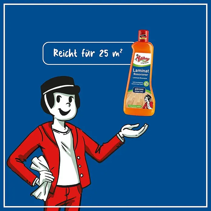 Poliboy Reinigungsmittel Laminat Renovierer - 500 ml, Flasche - Abbildung von Poliboy Laminat Renovierer, der für 25 m² reicht. Das Produkt verspricht sofortige Versiegelung, Schutz und neuen Glanz für Laminatböden.