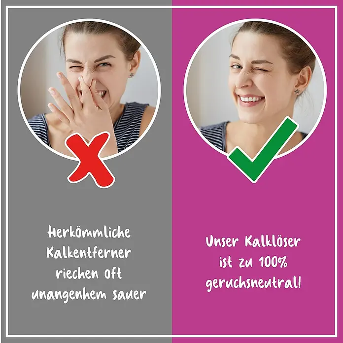 Poliboy Bio Entkalker - 500 ml, Flasche - Bild zur Werbung für einen geruchsneutralen Kalkentferner. Auf der linken Seite ist ein negatives Beispiel mit unangenehmem Geruch dargestellt.