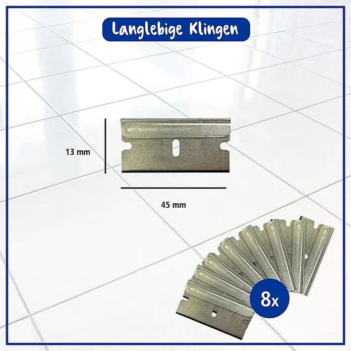 Poliboy Ersatzklingen für Glaskeramikschaber - 8 Stk. - Bild von 8er-Pack Rasierklingen, wobei eine Klinge einzeln mit den Maßen 45 mm x 13 mm dargestellt ist.