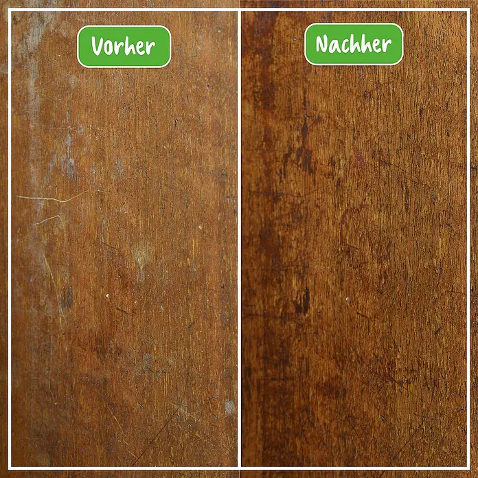 Poliboy Möbelpolitur - Dunkel, 100 ml - Bild einer Holzoberfläche, die einen Vorher-Nachher-Vergleich nach der Behandlung zeigt. Deutliche Verbesserung des Holzzustandes.