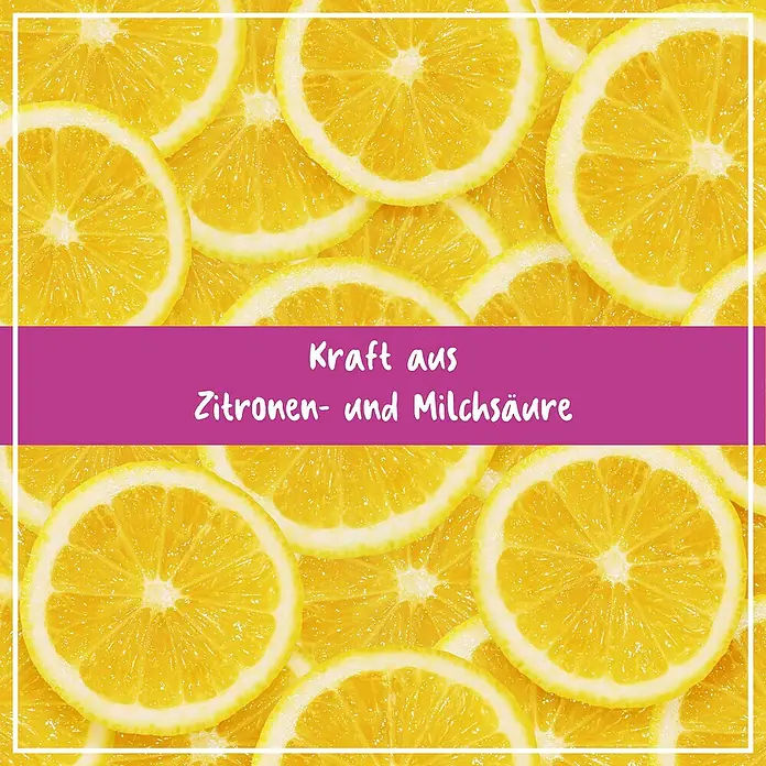 Poliboy Bio Entkalker - 500 ml, Flasche - Zitronenscheiben-Hintergrund mit Textfeld "Kraft aus Zitronen- und Milchsäure".