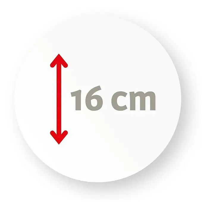 Scheurich Wasserspender Bördy S Indoor - 90 ml, Grau - Abbildung eines weißen Kreises mit einem roten Pfeil, der eine Länge von 16 cm anzeigt. Das Produkt ist eine Größenangabe.