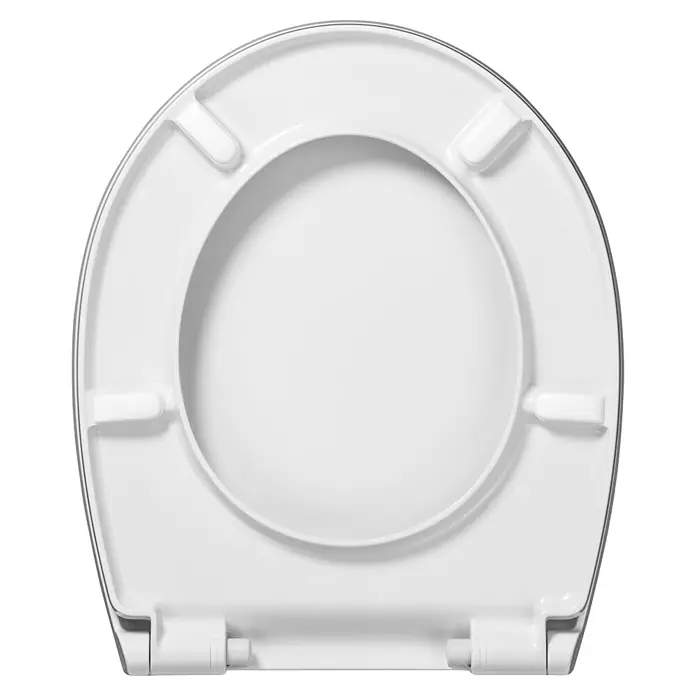 Poseidon WC-Sitz - Duroplast, Sahara, Mit Absenkautomatik - Blick von oben auf einen weißen Toilettensitz mit silbernen Akzenten und Befestigungen, der für ein modernes Badezimmer geeignet ist.