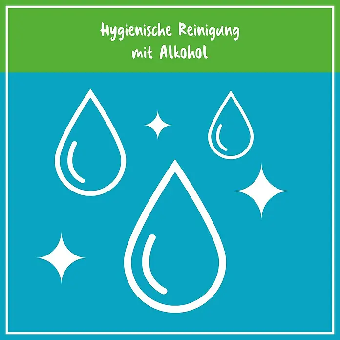 Poliboy Feuchttücher XXL Bad - 24 Stk. - Hygienische Reinigung mit Alkohol. Weiße Tropfen und Sterne auf blauem Hintergrund mit grüner Überschrift, symbolisieren Sauberkeit.