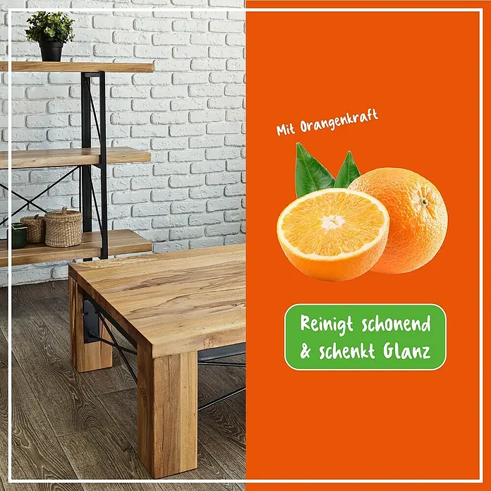 Poliboy Intensivreiniger Möbelpflege - 375 ml, Flasche mit Sprühkopf - Produktfoto: Ein Holzmöbelstück mit Orangen auf orangefarbenem Hintergrund, das die Reinigungskraft und den Glanz hervorhebt.