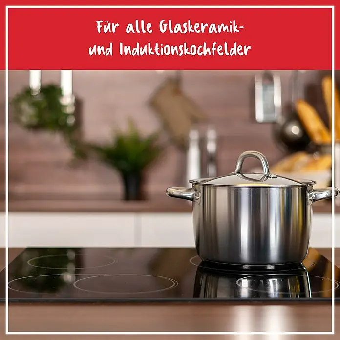 Poliboy Reinigungs- & Pflegemittel Glaskeramik - 200 ml, Flasche - Edelstahltopf mit Deckel auf einem Glaskeramik-Induktionskochfeld. Geeignet für alle Glaskeramik- und Induktionskochfelder.
