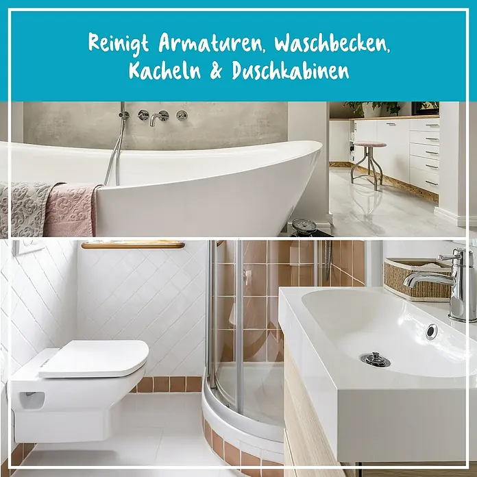 Poliboy Feuchttücher XXL Bad - 24 Stk. - Das Bild zeigt eine Kombination aus Badezimmerausstattung, darunter Badewanne, Waschbecken, Toilette und Dusche, die alle für eine Reinigung geeignet sind.