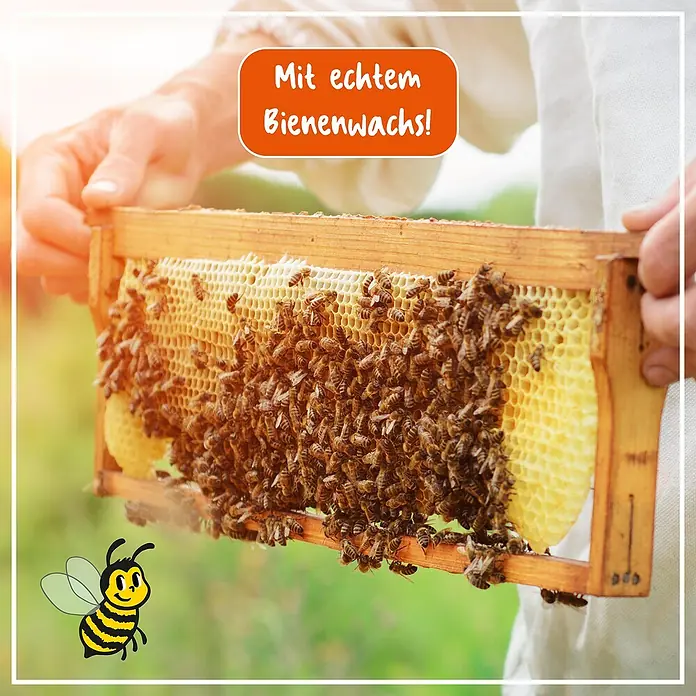 Poliboy Antikwachs - 200 ml - Nahaufnahme einer Bienenwabe, umgeben von Bienen, mit dem Text "Mit echtem Bienenwachs!".