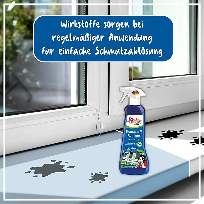 Poliboy Kunststoff-Reiniger - 500 ml, Flasche mit Sprühkopf - Das Bild zeigt Poliboy Kunststoff Reiniger, der für die einfache Schmutzlösung bei regelmäßiger Anwendung sorgt. Ideal für Fenster und Rahmen.