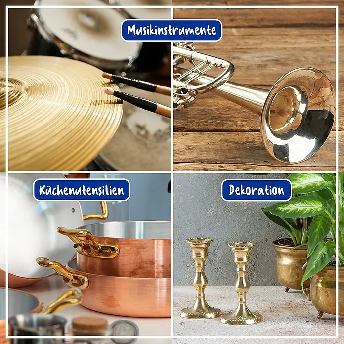 Poliboy Pflegemittel Messing und Kupfer - 200 ml, Flasche - Bild zeigt Musikinstrumente, Küchenutensilien und Dekorationen, alles in einem quadratischen Layout dargestellt.