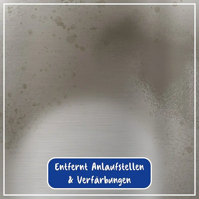 Poliboy Politur Metall - 200 ml, Flasche - Das Bild zeigt eine Metalloberfläche vor und nach der Reinigung, mit dem Hinweis, dass es Anlaufstellen & Verfärbungen entfernt.