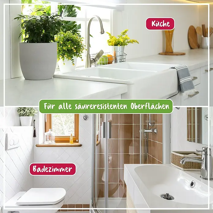 Poliboy Bio Essig-Reiniger - 1 ml, Flasche - Das Bild zeigt eine Collage von Küchen- und Badezimmeroberflächen, die mit säurebeständigen Produkten gereinigt werden können. Perfekt für eine strahlende und saubere Umgebung.