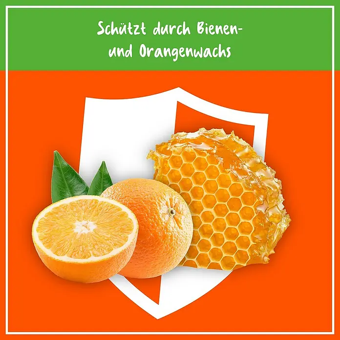Poliboy Möbelwachs - 200 ml, Flasche - Produktbild mit Orangen, Honigwaben und dem Schriftzug „Schützt durch Bienen- und Orangenwachs“.