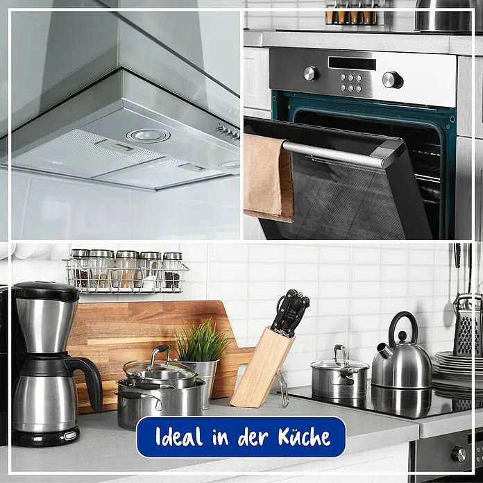 Poliboy Reinigungs- & Pflegemittel Edelstahl - 200 ml, Flasche - Vielfältige Küchengeräte: Dunstabzugshaube, Backofen, Kaffeemaschine, Töpfe, Messerblock und Wasserkocher für eine voll ausgestattete Küche.