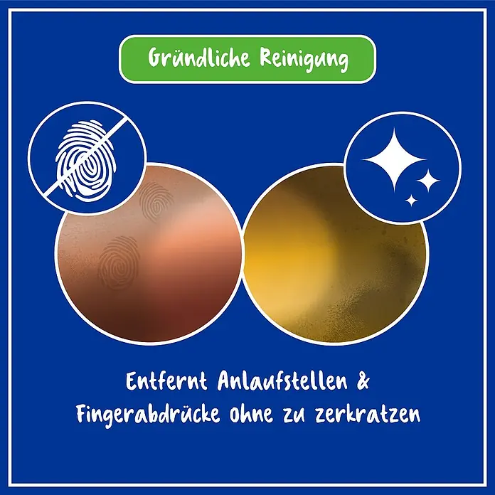 Poliboy Pflegemittel Messing und Kupfer - 200 ml, Flasche - Produktbild, das "Gründliche Reinigung" bewirbt, entfernt Anlaufstellen & Fingerabdrücke ohne zu zerkratzen.