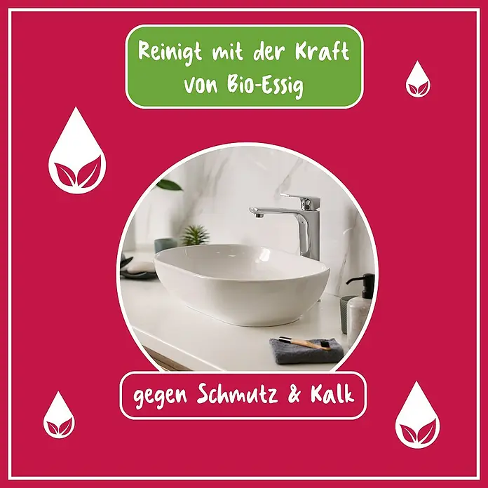 Poliboy Bio Essig-Reiniger - 1 ml, Flasche - Bild einer Anzeige für ein Reinigungsprodukt, das die Kraft von Bio-Essig nutzt, um Schmutz und Kalk zu entfernen.